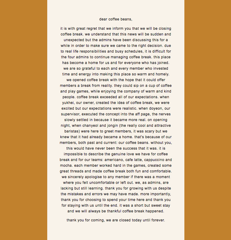 coffeeshq's tweet photo. from the four admins to our special coffee beans,

we feel both grateful and regretful for this announcement. we love each and every one of you. please do share contacts! we can make a thread for people who would like to be included. https://t.co/3VXRMppMn6