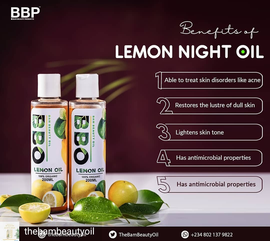 The Lemon Night Oil from the BBO (Bam Beauty Oil)🌟 is a Healing Oil fortified with Antimicrobial properties and Other Benefits.
Perfect for all Skin Types.
#OrganicProducts
#OrganicProductsinNigeria #OrganicOils #BodyOils #SkinGoals   
#skincare #skinglow #mondaythoughts
