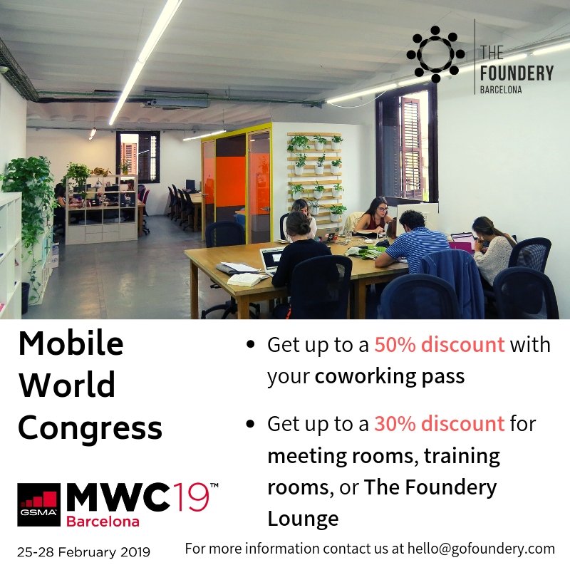 gofoundery's tweet photo. Join us for the #MWC19 at The Foundery Barcelona! Visit our website to view and book our space 📧hello@gofoundery.com
#mobileworldcongress #mwc #tech #technology #barcelona #gofoundery #plaçareial #barcelonaevents #bcnevents #coworkingspace #coworking #empresasbarcelona #startup https://t.co/dHUlQDXPOJ