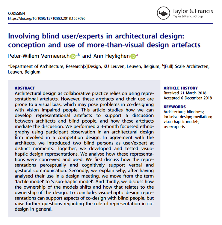 researchxdesign's tweet photo. Learn more about #visuohaptic models for involving blind user/experts in architectural design through our #newpublication in @CoDesignJournal. Free eprints: https://t.co/aqQIvXkSL2 #lessvisionmoresenses #disabilityexperience #codesign https://t.co/MBkPkudg4F