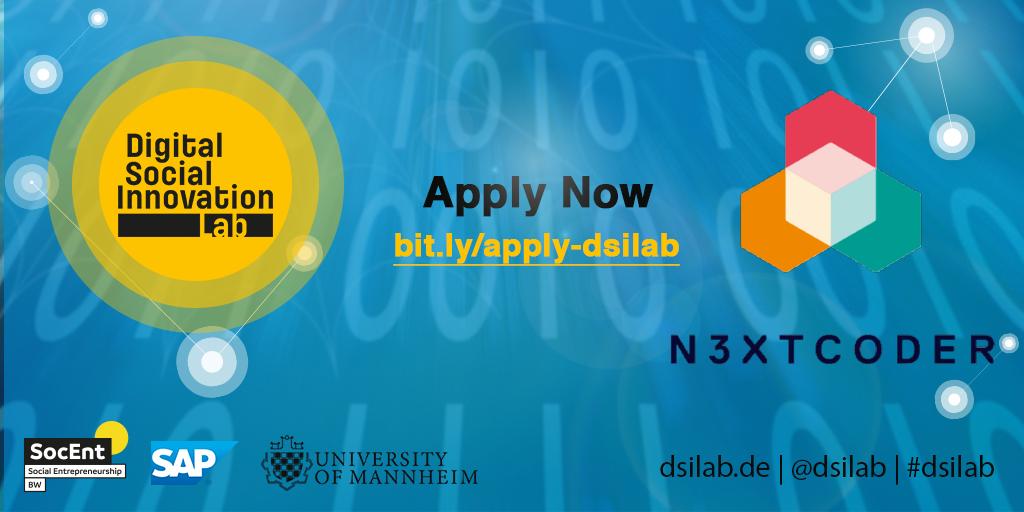 dsilab_de's tweet photo. Be more than a code!!!
Students at the #DSILab will be coached by @N3XTCODER. The #socent helps to develop meaningful digital products to tackle and solve fast growing social problems. Apply NOW: https://t.co/SCgpIRuwl4
#digitization #n3xtcoder #socialinnovation #unimannheim https://t.co/9gvMRcIdvl