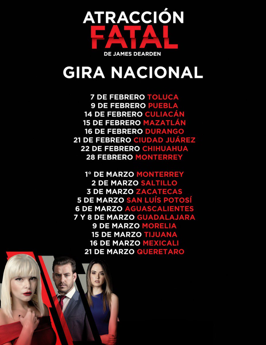 ¡Ya estamos de gira con #AtracciónFatal! Amigos de los estados, aparten la fecha que les toca, porque no se deben perder esta gran obra llevada por <a href="/EurekaLiveMx/">Eureka Live México</a> a sus ciudades. ¡Nos vemos pronto!