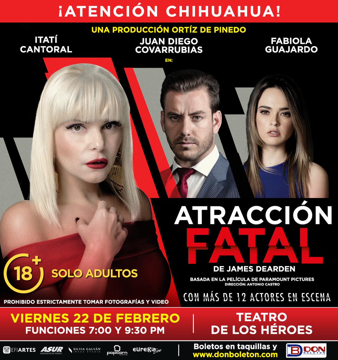 ¡#Chihuahua, la gira de #AtracciónFatal llega a su ciudad este 22 de febrero! No se pierdan a <a href="/ItatiC/">ItatiC (oficial)</a>, <a href="/JUANDIEGOCOVA1/">Juan Diego Cova</a> y <a href="/fabiolagdo/">Fabiola Guajardo</a> en escena. Nos vemos en el #TeatroDeLosHéroes. Boletos en taquilla y en este enlace: goo.gl/3E9JcH