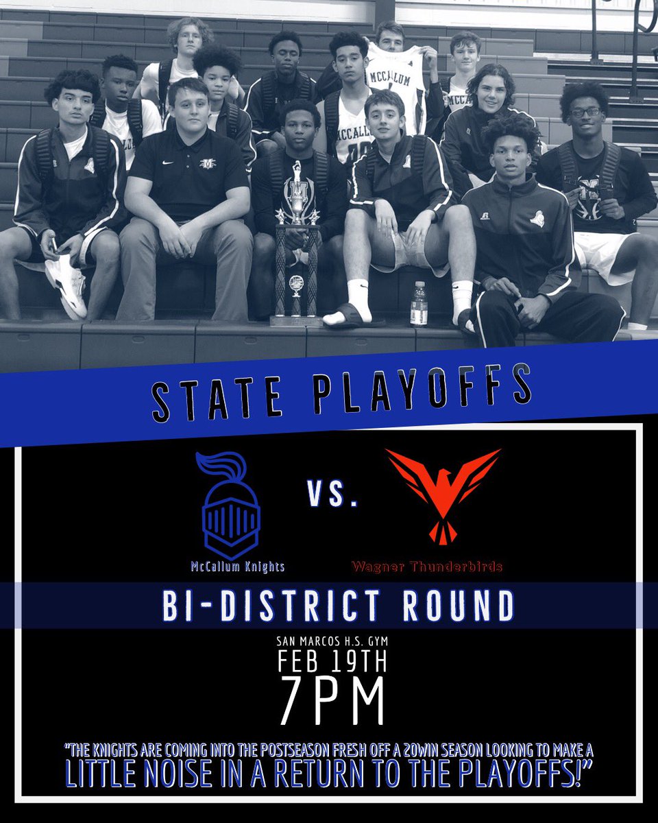 MACKnightHoops's tweet photo. 🚨🚨🚨Bi-District 🚨🚨🚨
🆚 SA Wagner
📍 San Marcos H.S. Gym
🗓 FEB. 19th
🕗 7pm
📊https://t.co/aRDu9yASVk
⚔️ #MACKNIGHTHOOPS https://t.co/cGxVQxzO9N