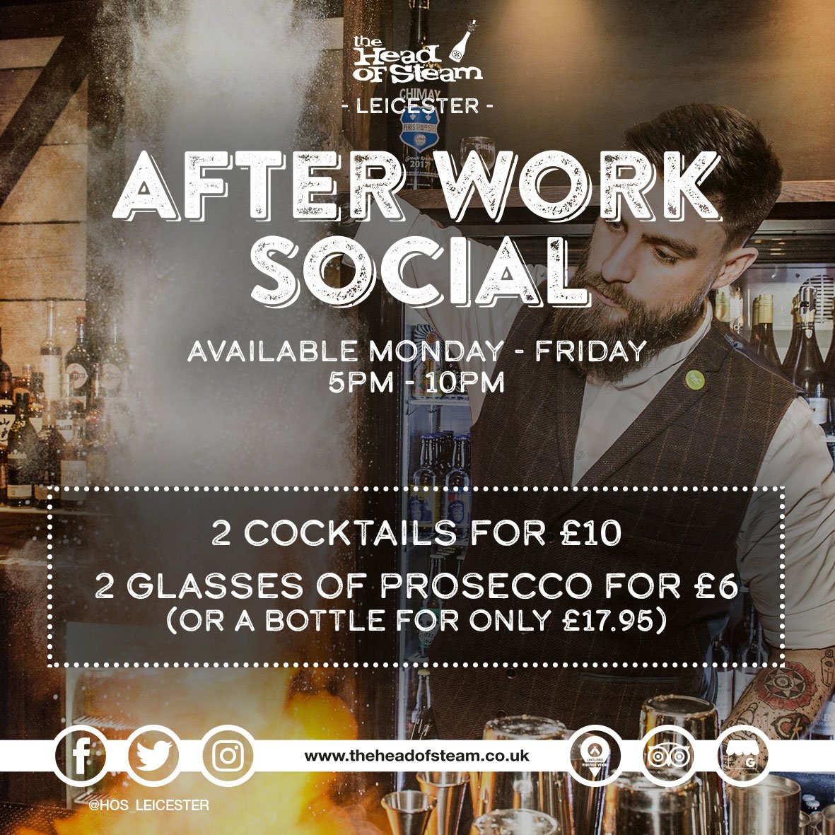 Who's joining us for our After Work social today? You won't want to miss out out on our deals🥂

Ask a member of #TeamSteam for more information!

#HeadofSteam #Music #Leicester #Prosecco