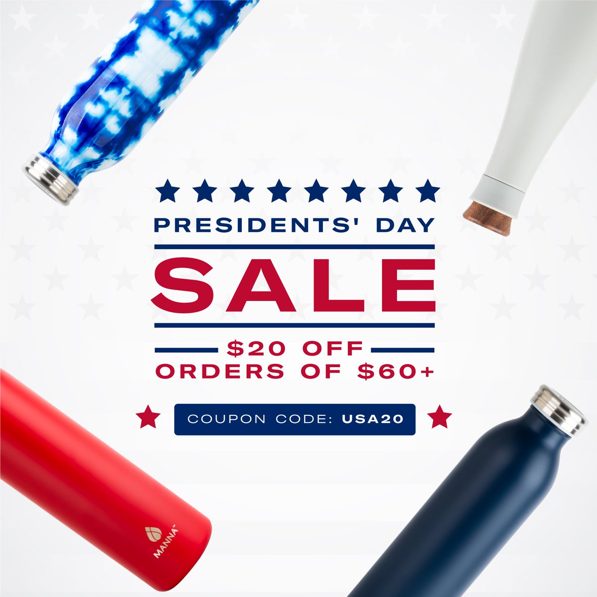 Who doesn’t love a good sale? Use the code USA20 to shop our #PresidentsDaySale and save $20 off orders of $60 or more. #MannaHydration #DitchDisposables #SubtlySustainable