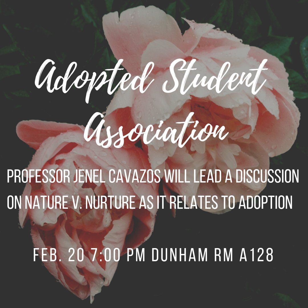Come join us this Wednesday as we discuss nature versus nurture and how that relates to adoption. The discussion will be lead by professor Jenel Cavazos, the introductory Psychology Coordinator for the Department of Psychology