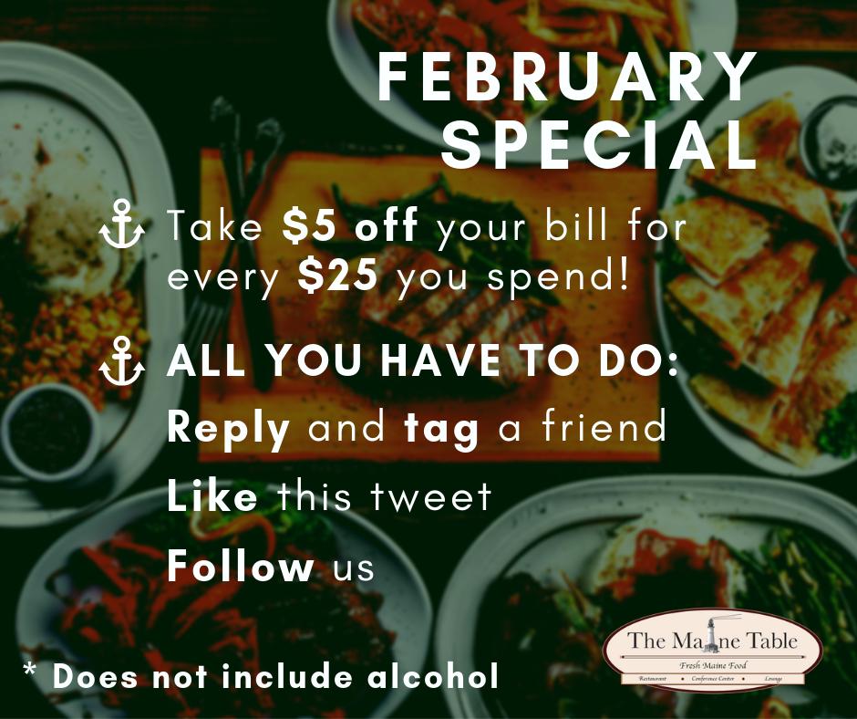 MaineTable_'s tweet photo. Receive $5 off your bill for every $25 you spend at the Maine Table for the rest of February!
Simply do the following and you'll be eligible:
⚓️ Reply and tag a friend
⚓️ Like this tweet
⚓️ Follow us
* This deal does not include alcohol. 🥂
#southportlandmaine #maine #mainetable https://t.co/dfVCxTi7LD