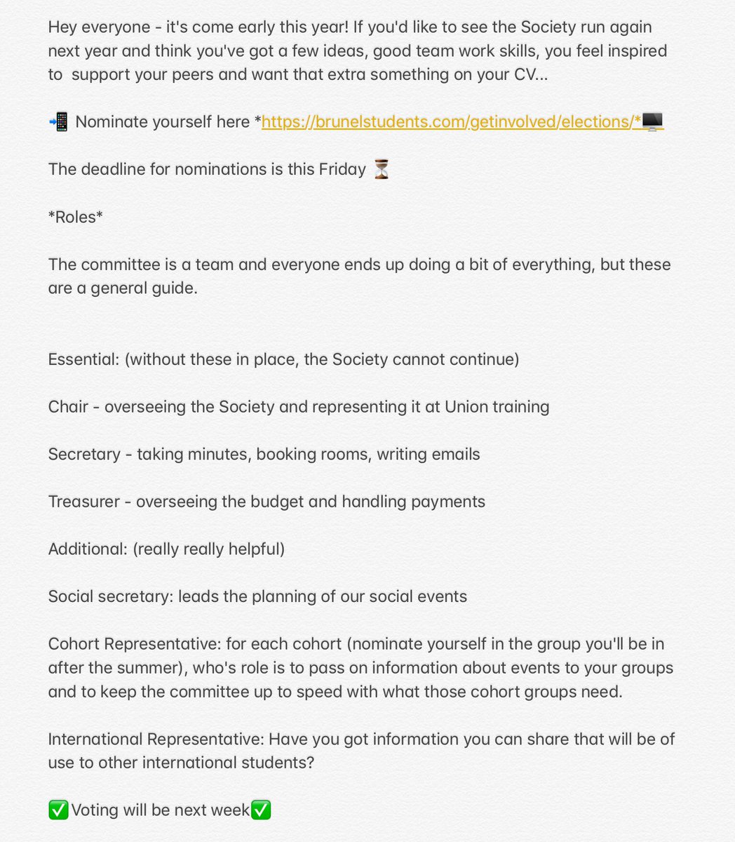 🙋‍♀ *Committee Positions*🙋🏾‍♂

To keep the Physiotherapy Society going next year, we need YOU! 

Nominate yourself here: brunelstudents.com/getinvolved/el…