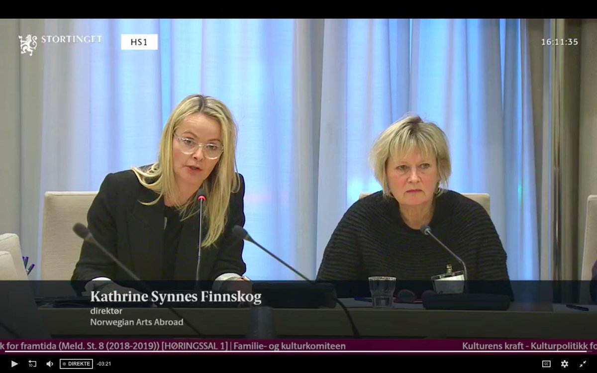 Kathrine, direktør i <a href="/MusicNorwayNO/">Music Norway</a>, snakket på vegne av #NAA i dag på høringen for #Kulturmeldingen - "NAA er både <a href="/Kulturdep/">Kultur- og likestillingsdepartementet</a> og <a href="/Utenriksdept/">Utenriksdepartementet</a> sitt virkemiddel for å stimulere til internasjonale muligheter for norsk kunst." Vi er klare for å utarbeide internasjonal strategi!