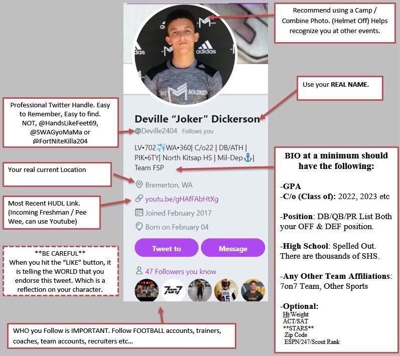 Yellow Jackets, this is great advice on how to setup your Twitter page. Make it easy for colleges and recruiters to find you.