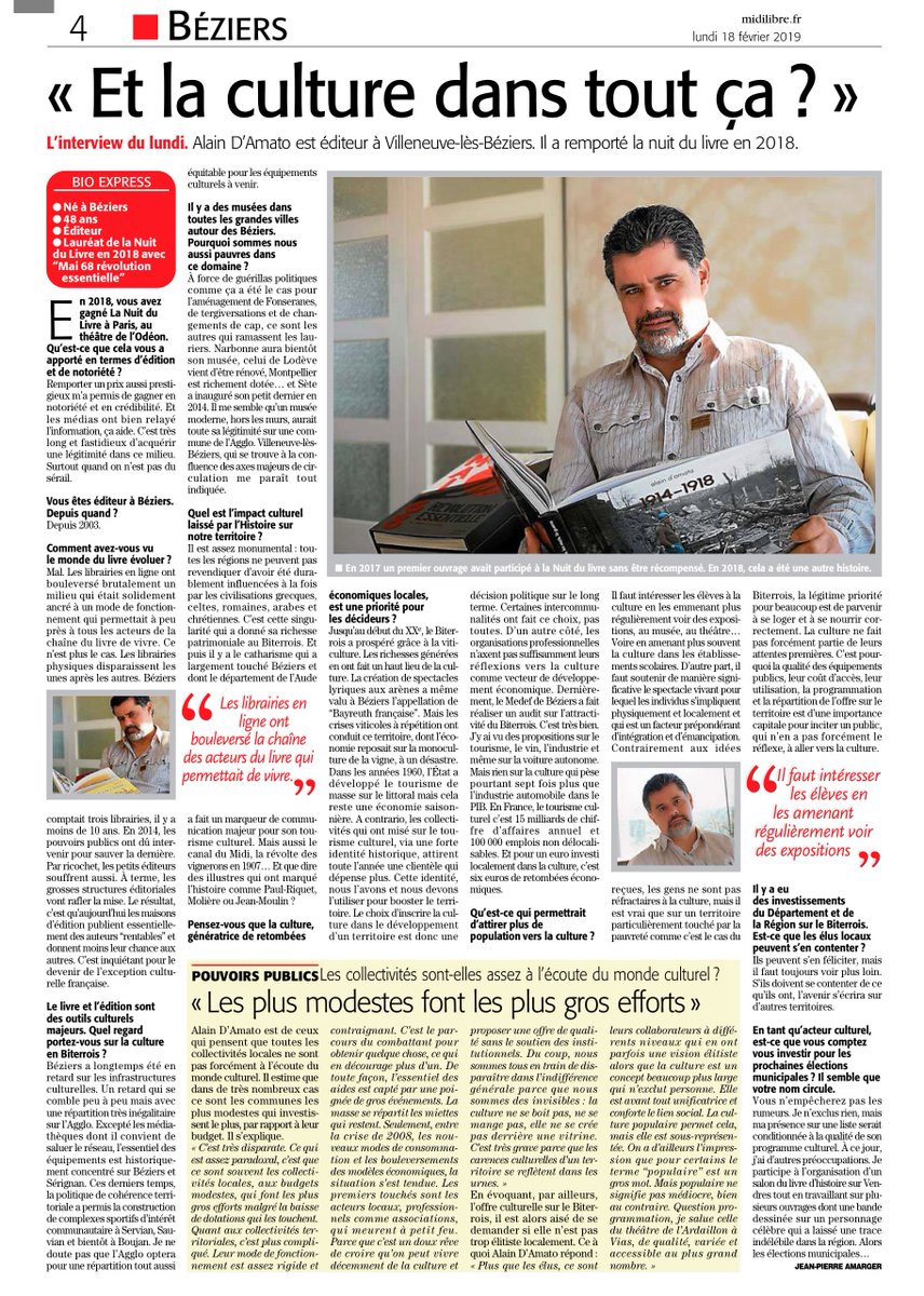 Ma vision sur l'état de la culture en Biterrois dans <a href="/Midilibre/">Midi Libre</a>.
<a href="/MLBeziers/">Midi Libre Béziers</a> <a href="/Mediapart/">Mediapart</a> <a href="/edwyplenel/">Edwy Plenel</a> <a href="/Charlineaparis/">CharlineVanhoenacker</a> @F3Languedoc <a href="/franceculture/">France Culture</a> <a href="/SophieGuerrier/">Sophie Guerrier</a> <a href="/LaNuitduLivre/">La Nuit du Livre</a> <a href="/APHG_National/">APHG</a> @JJBourdin_RMC <a href="/franceinfo/">franceinfo</a> <a href="/humanite_fr/">L'Humanité</a> <a href="/Telerama/">Télérama</a> <a href="/libe/">Libération</a> <a href="/lemonde/">LeMonde</a>