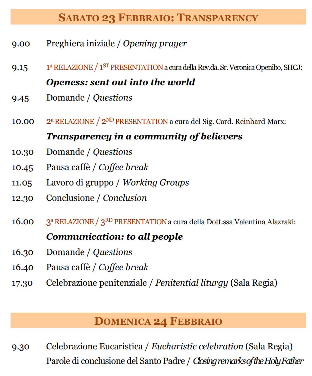 CatholicSat's tweet photo. Here is the program for this week's Vatican sexual abuse summit. The following prelates have been asked by the Holy Father to give presentations; ++Tagle, +Scicluna, ++Salazar Gomez, ++Oswald Gracias, ++Cupich, and ++Marx. The topics of these presentations are highlighted in bold https://t.co/20VzbKytxC