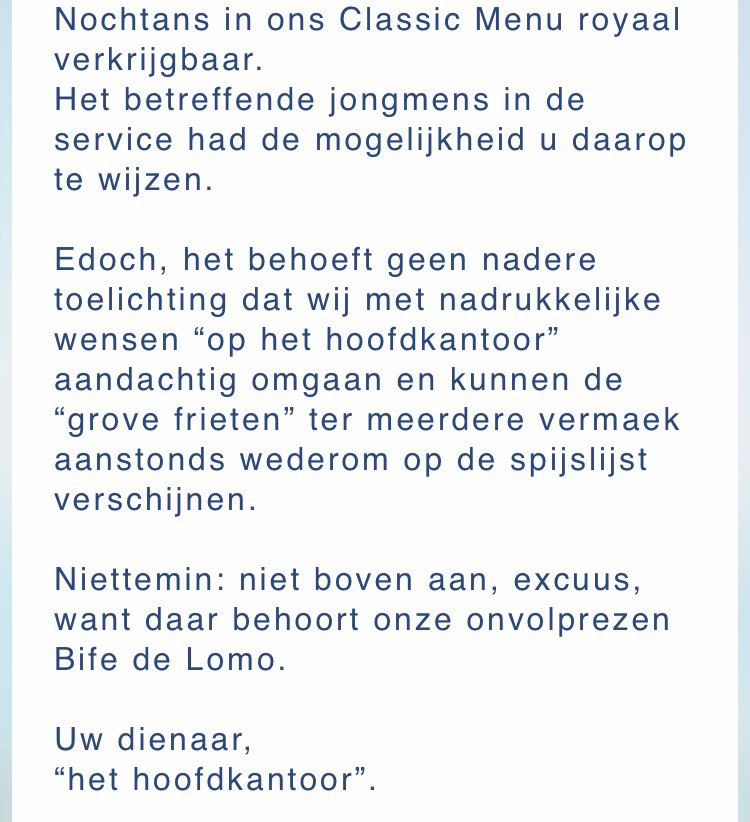 OlivAlexMusic's tweet image. Mijn favoriete steakrestaurant #Gauchos bleek opeens de “dikke frieten” van de kaart geschrapt te hebben. Dat kon ik natuurlijk niet laten gebeuren, dus stuurde ik een simpel mailtje naar het hoofdkantoor. Het antwoord van de directeur (!) is briljant 💯 #grief #goudgelehesjes