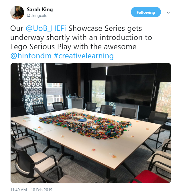 Our  @UoB_HEFi Showcase Series got underway with a energetic and enthusiastic introduction to  #LegoSeriousPlay in  #HigherEducation  #HelloBrum here  @unibirmingham  #Learning is serious and fun! https://twitter.com/skingcole/status/1097463103242022912