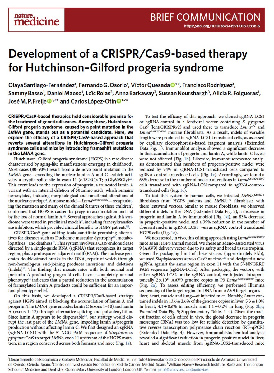 EricTopol's tweet image. A big day for #CRISPR genome editing in models of Duchenne muscular dystrophy and Progeria: 1-time dosing, long-term effect, marching towards curative potential 
@NatureMedicine @cgersbach @DukeU @salkinstitute @uniovi_info
nature.com/articles/s4159…