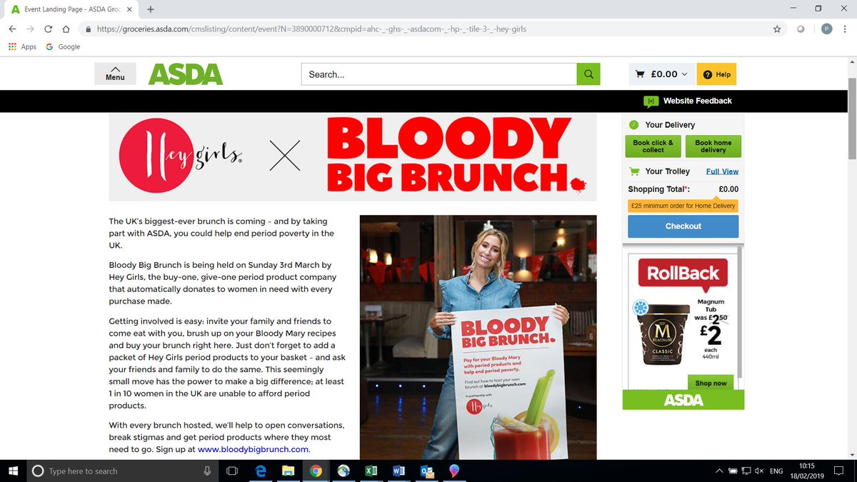 Very chuffed that @asda is supporting the @BloodyBigBrunch campaign in partnership with our amazing supplier @HeyGirlsUK 
#EndPeriodPoverty #BuyOneGiveOne