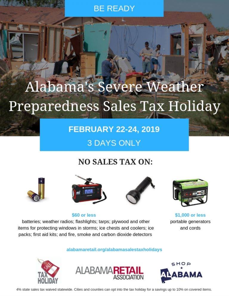 TroyALGov's tweet photo. Alabama’s eighth severe weather preparedness sales tax holiday begins at 12:01 a.m. Friday, Feb. 22, 2019, and ends at midnight, Sunday, Feb. 24, 2019.
Find out more information here: https://t.co/gaffSz54dC…/sa…/severe-weather-preparedness/ https://t.co/g04Pxd0PmQ