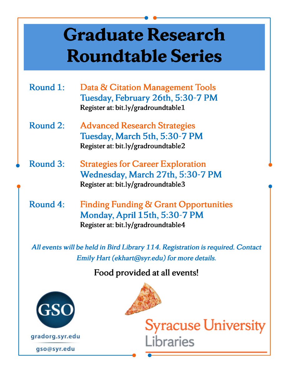 SyracuseULib's tweet image. Attention grad students! Need help managing data, optimizing search strategies, or finding career resources or funding? Registration is open for our Spring &apos;19 Graduate Research Roundtable Series with @SU_GSO. We kick off on 2/26, so save your spot now! bit.ly/2V18WWN