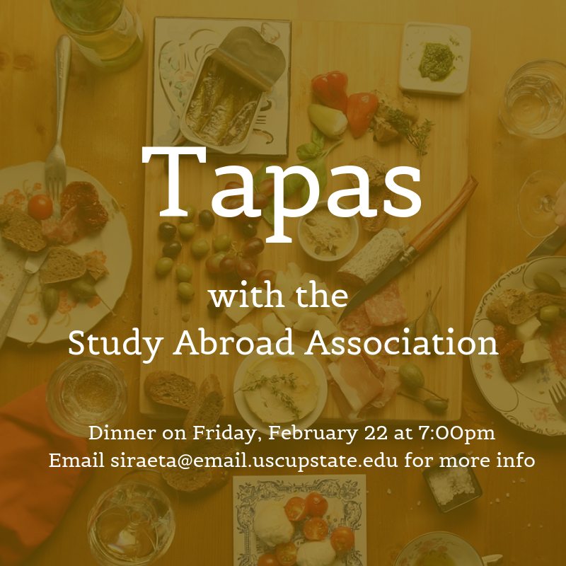 globalspartansc's tweet photo. Join the Study Abroad Association for dinner at a Tapas Restaurant Downtown Greenville! This will take place on Friday February 22.
Be sure to email siraheta@email.uscupstate.edu for the details! https://t.co/frp7Ak6NMu