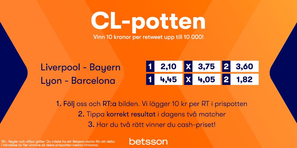 #CLPotten ⭐

🔸RT &amp; följ
🔸Tippa korrekt resultat i matcherna
🔸Vinn CASH!

10 kr per RT läggs till i prispotten. Om fler får 2/2 delar man!

⌚Spelstopp tisdag 21.00