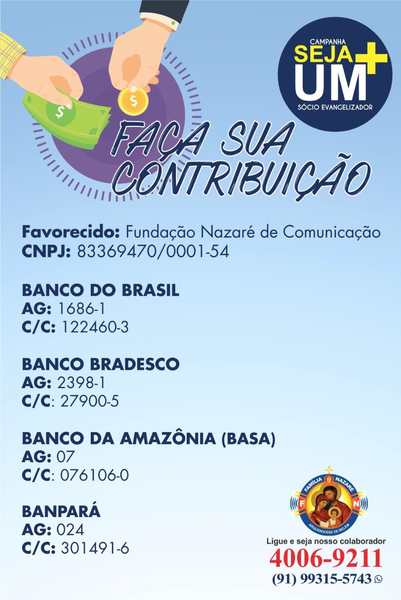 RadioNazare's tweet photo. Hoje a Fundação Nazaré de Comunicação precisa do seu apoio. Seja um mais um sócio Evangelizador! Faça sua doação e contribua para que a nossa missão chegue a mais lugares. Mais informações ligue 4006-9211. #RadioNazareFM #SejaMaisUmSocioEvangelizador https://t.co/Y9y9W5TmZx
