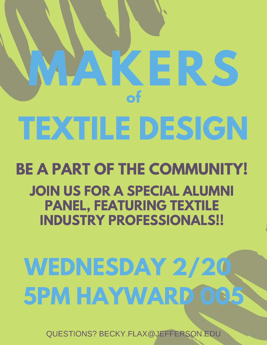 TextileAtJeffU's tweet image. THIS WEDNESDAY, 2/20/2019 We are having an alumni panel on campus during our Makers of Textile Design Meeting! Come out and meet some Interiors-Industry Alums! #thethreadstartshere #thisistextiledesign #JeffersonUniversity @JeffersonEFCAB @AdmissJefferson