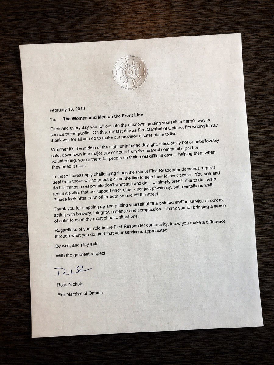 _rossnichols's tweet image. On this, my final day as Fire Marshal of Ontario, I’m sending out a thank you to all those in the #FirstResponder community who have chosen to serve. To our Police Officers, Firefighters, Paramedics, Call-takers and Dispatchers... thank you for all you do. Be well, and play safe.