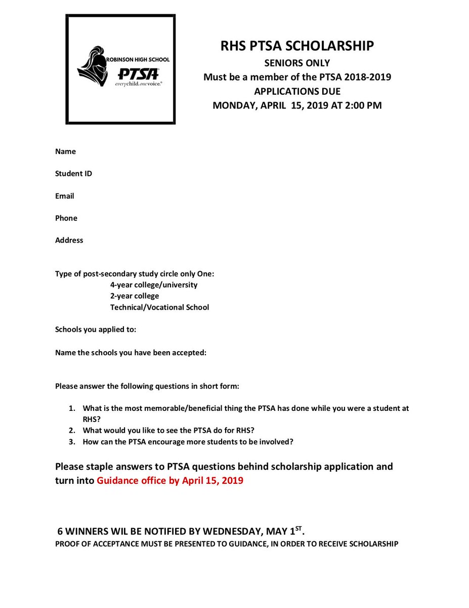 Applications for PTSA Scholarships are now available - must be a senior student that is a member of the PTSA this year.  Applications are due on April 15 in the Guidance Office.