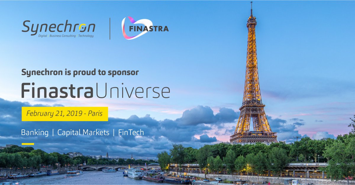 We are delighted to be a Bronze sponsor of #Finastra Universe 2019 in #Paris, an annual gathering of 400+ C-level delegates #FinastraUniverse #Paris #Synechronpartnership #Synechron&amp;FinastraPartnership