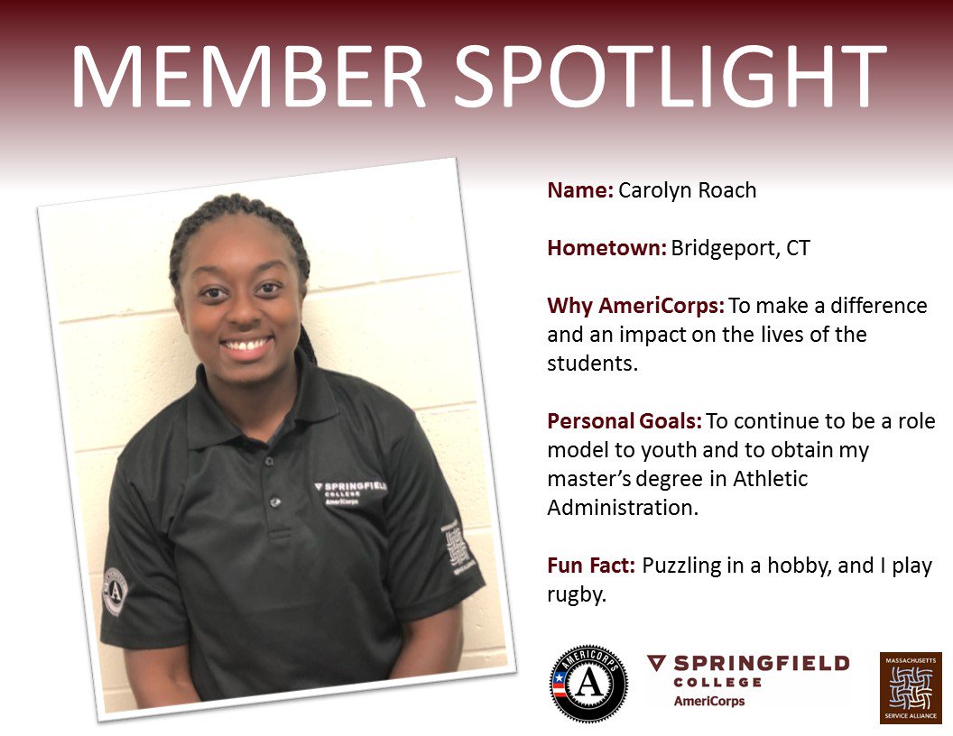 SCAmeriCorps's tweet photo. Check out our Member Spotlight of the week! #MassService #SpringfieldCollegeInclusionandCommunityEngagement https://t.co/ZlVymzINik