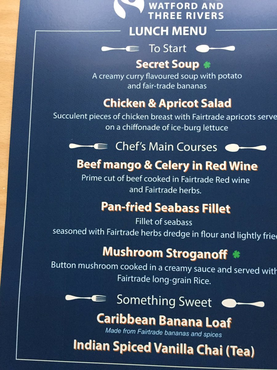 ⁦Fairtrade Fortnight starts on 25th Feb  and West Herts College Restaurant is laying on this special FT Lunch menu on Feb 28 for just £8:00 Email Muntyflora@gmail.com or call 01923 812464 to book a place ⁦<a href="/WatfordCouncil/">Watford Council</a>⁩ ⁦@WatfordBID⁩