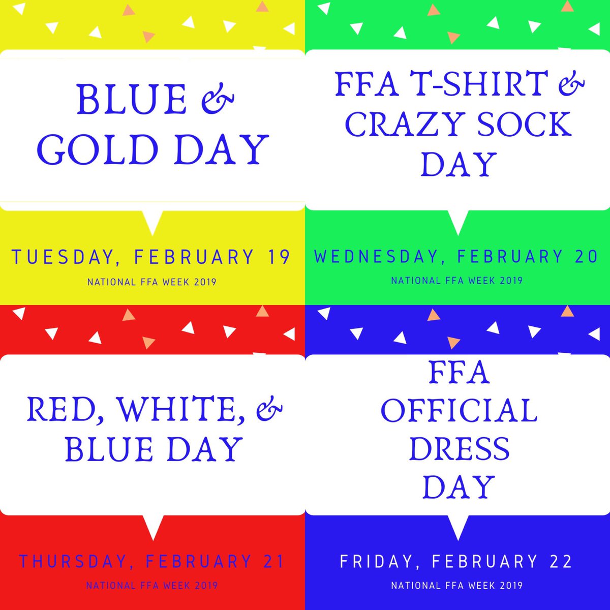 CV_FFA1954's tweet photo. FFA Members, here’s a quick reminder about the Spirit Days for #NationalFFAWeek! #FFAJustOne #CVFFA https://t.co/5lhCtQ3gea