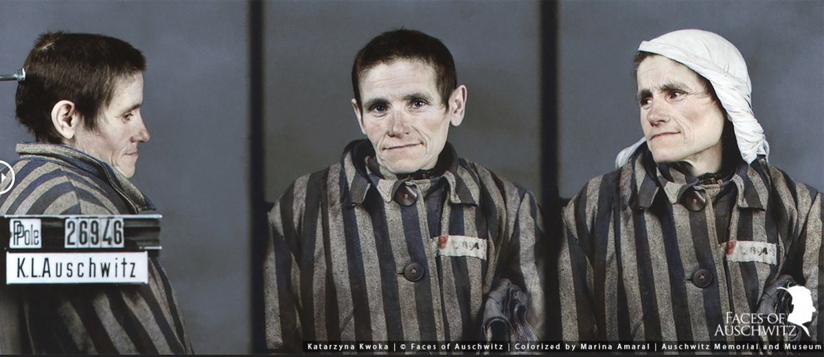AuschwitzMuseum's tweet photo. See the colorized version of the registration photograph of Katarzyna Kwoka who died in #Auschwitz 76 years ago today. Colorization was done by @marinamaral2 as part of @FacesAuschwitz project: https://t.co/BZfY1qrm6p https://t.co/ZCZ2W6lTzt