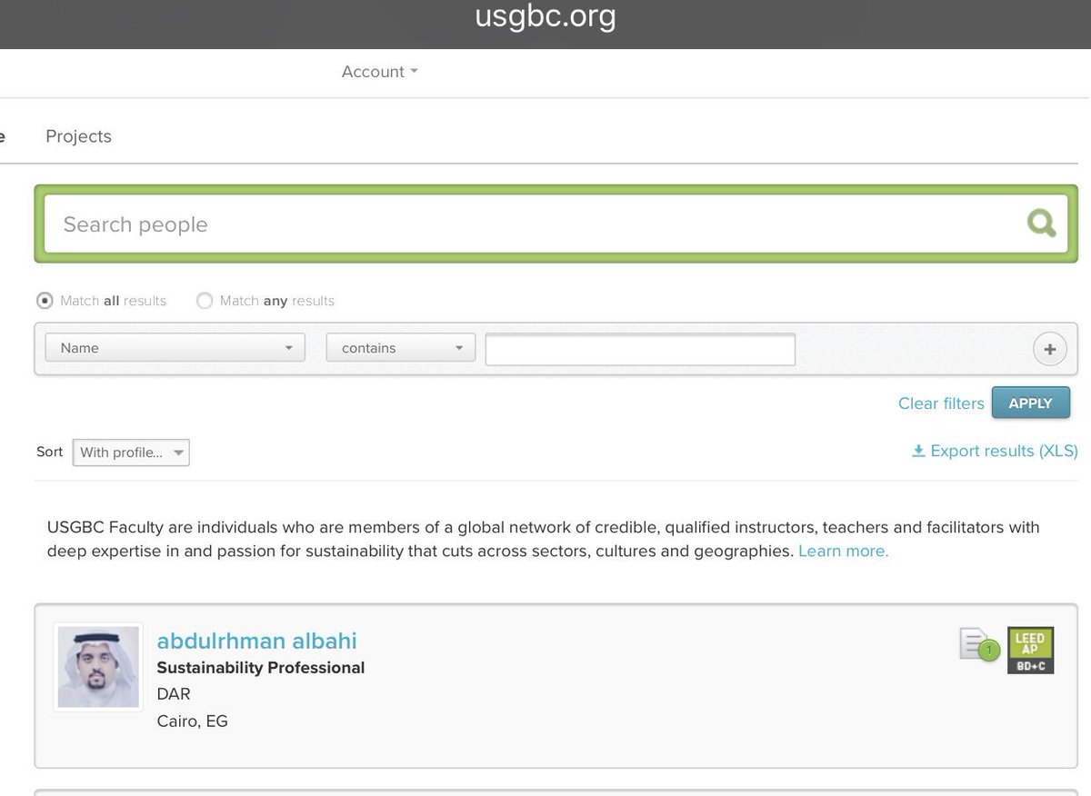 نبارك المهندس عبدالرحمن الباهي حصوله على عضوية هيئة تدريس بالمجلس الأمريكي للأبنية الخضراء. سائلين الله له دوام التوفيق والنجاح. وينضم م. عبدالرحمن الى نخبة مختصين في تعليم #الأبنية_الخضراء في العالم لا يتجاوزون ٥٠٠ فرد. فألف مبروك @engbahibahi usgbc.org/people/abdulrh…