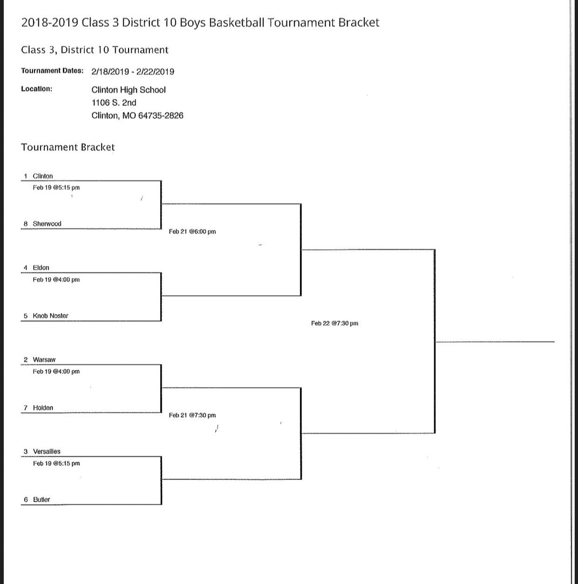 Due to impending weather tomorrow night, the district games at Clinton have been changed.  The Panthers will now play at 4:00 against the Eldon Mustangs. #getbetter