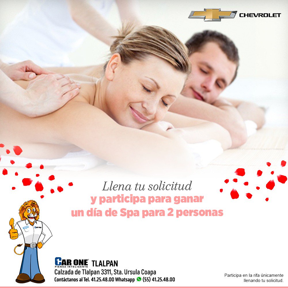 CarOneTlalpan's tweet photo. Recuerda que en este mes del #amor si vienes y firmas tu solicitud, participas para #ganar un día de #spa para 2 personas. Además aprovecha las #increíbles promociones de los #20díaschevrolet Whatsapp: 55 4125.4800 https://t.co/pqLr8E0fTv