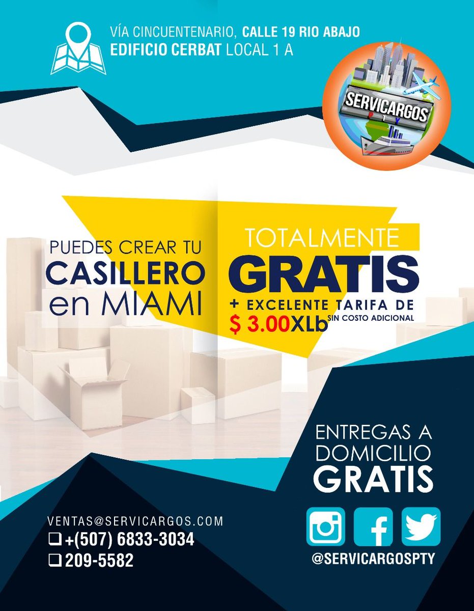 ServicargosPTY's tweet photo. COMPRAS POR INTERNET Y ENTREGAS A DOMICILIO GRATIS, una ventaja que puedes recibir por medio de @Servicargospty💯 COMPRA RAPIDO Y SEGURO!🛂
Contactanos;
Telefono: 209-5582📞
Cel:  6833-3034📲
Mail: ventas@servicargospty.com📧 https://t.co/LXWY19ZrXD