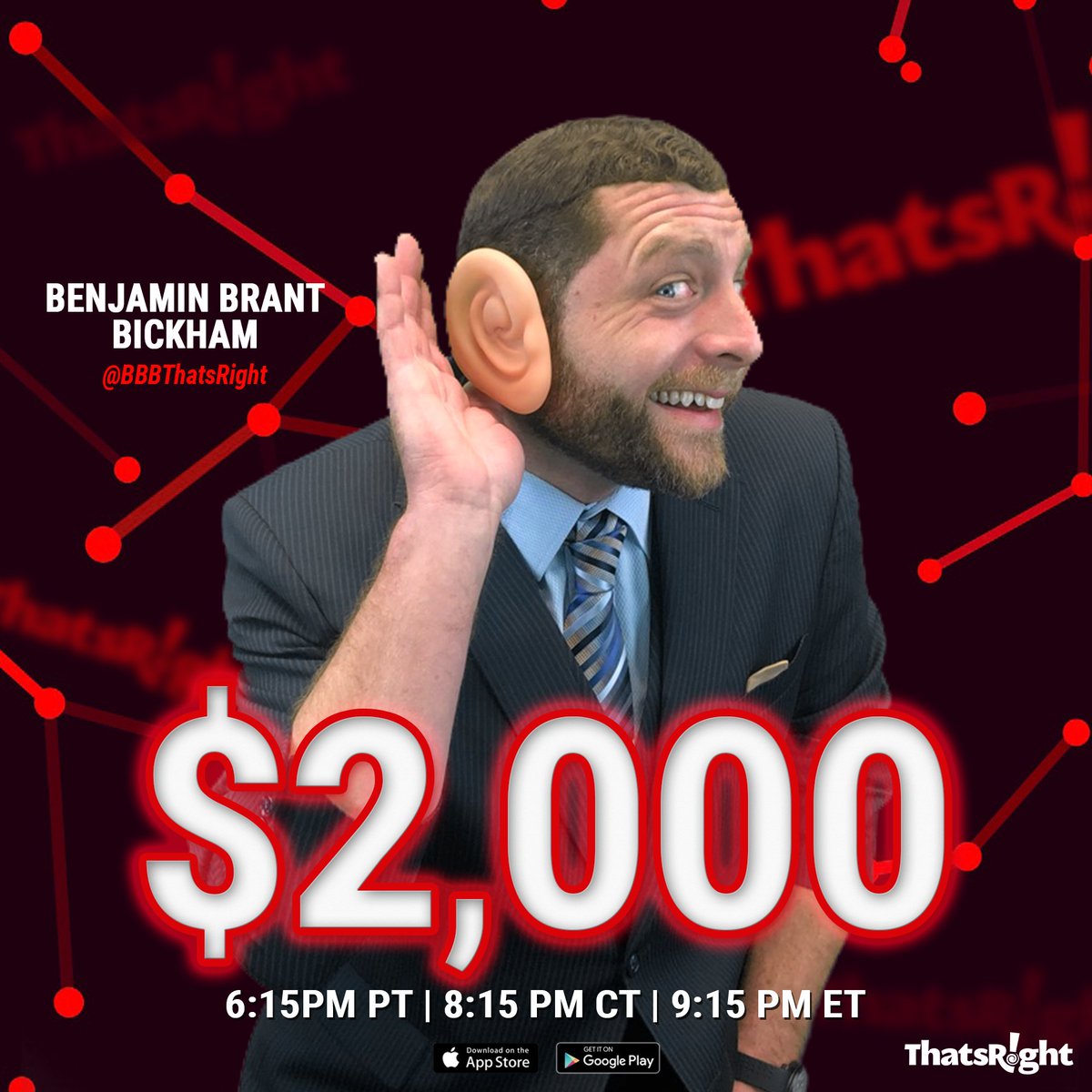 thatsright's tweet image. Can you hear the MONEY TRAIN rolling in? 🚋 Join us tonight at 8:15PM CT w/ host, Benjamin Brant Bickham as he gives away $2000! 🤑
•
•
#ThatsRight #ThatsRightApp #trivia #gameshow #twochancestowin #freemoney #winning #free #money #family #fun #familyfun #friends #makemoney