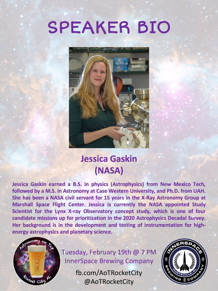 Some info about our speakers at our #AoTRocketCity event tomorrow night <a href="/InnerSpaceBrews/">InnerSpace Brewing</a>! Come join us for a beer and some science! #astronomyontap #womeninstem #science #drinklocal