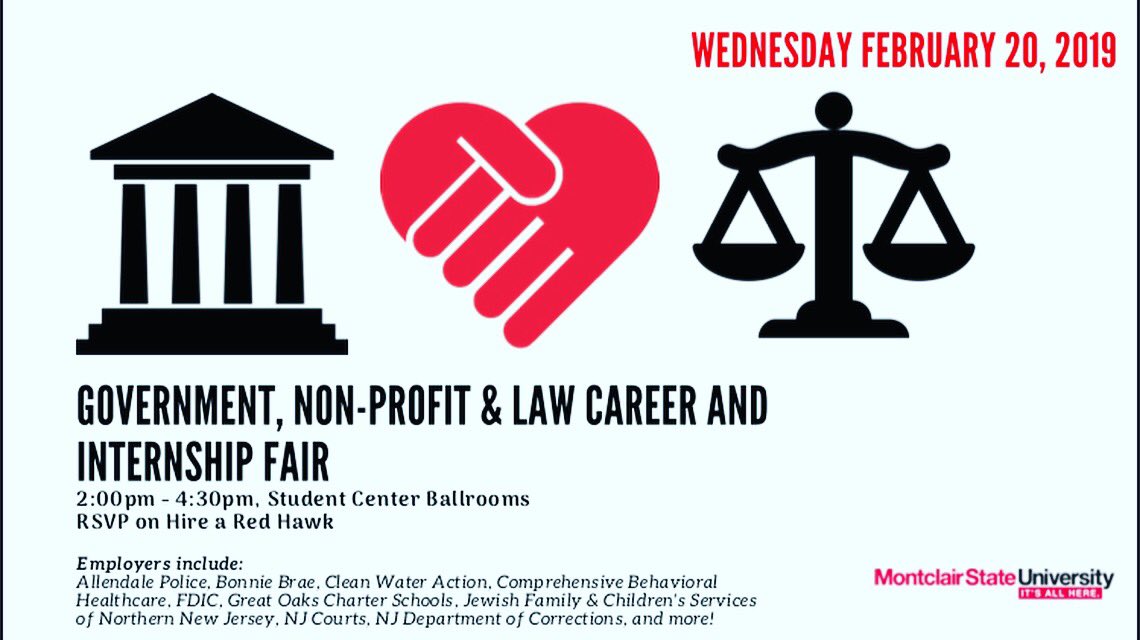 montclairMedHum's tweet image. Attention🗣📢
All students interested in internships. Government, Non-profit &amp;amp; Law Career and Internship Fair on Wednesday February 20th, 2019. SC ballrooms 2:00pm-4:30pm. RSVP on Hire a Red Hawk. 📄🦅
