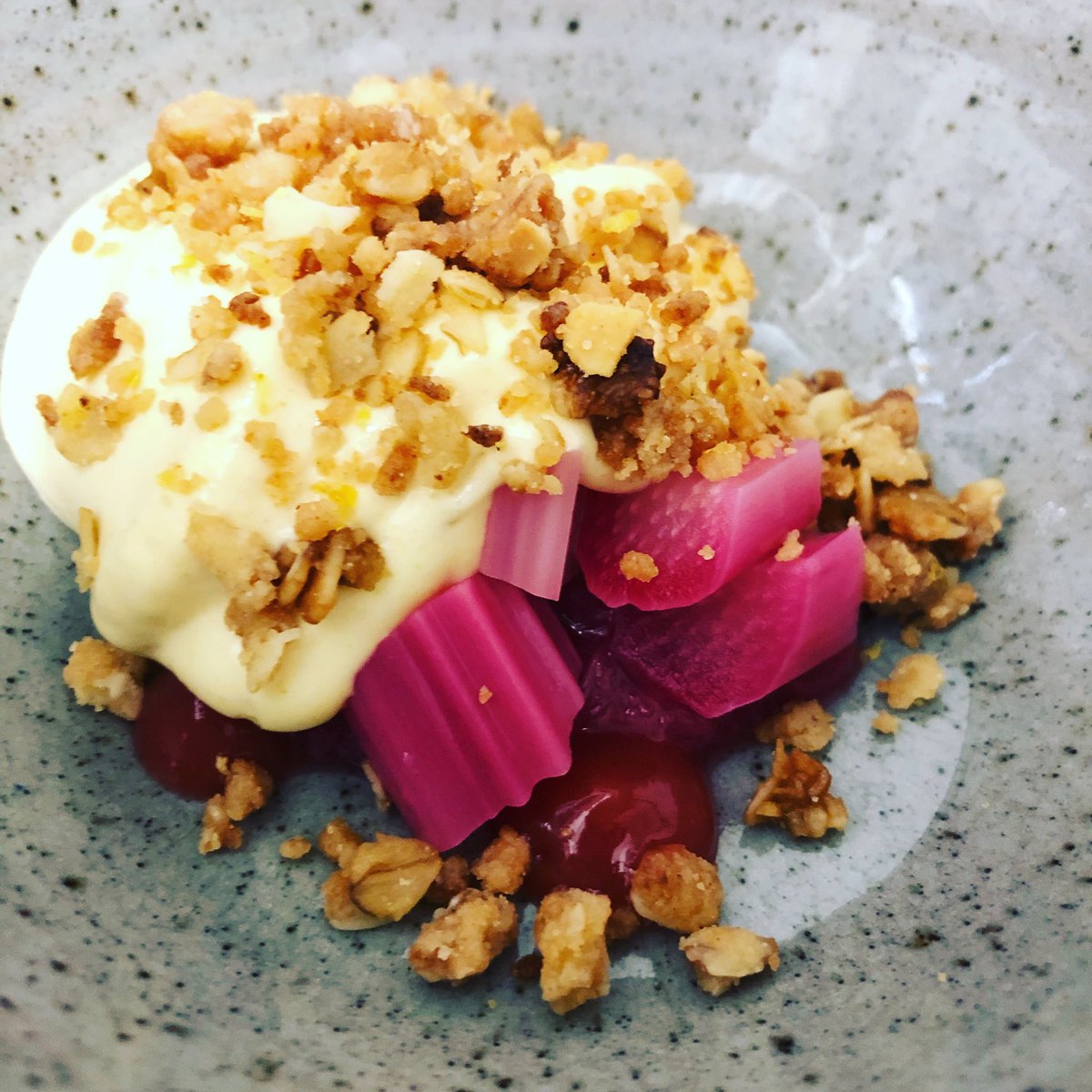 Yorkshire rhubarb blood orange aerated honey custard almond crumble 🔥🌟
