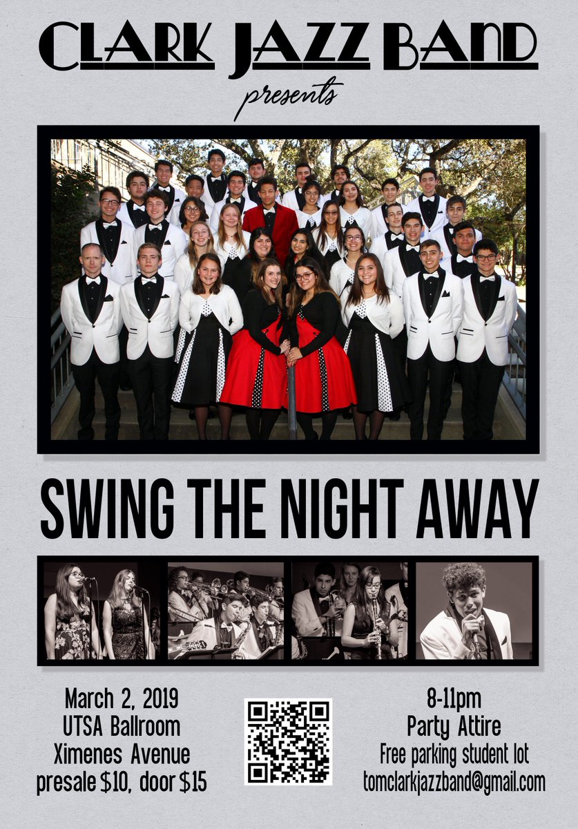 Swing the Night Away with the Clark Jazz Band! Please come out and support these young, local San Antonio musicians, March 2 <a href="/UTSA/">UT San Antonio</a> Ballroom, 8-11pm #BigBand #Swing #SwingRevival #Jazz <a href="/NISDClark/">Tom C. Clark HS</a> <a href="/TomCClarkBand/">Mighty Cougar Band</a> Tickets available here: showtix4u.com/events/15518