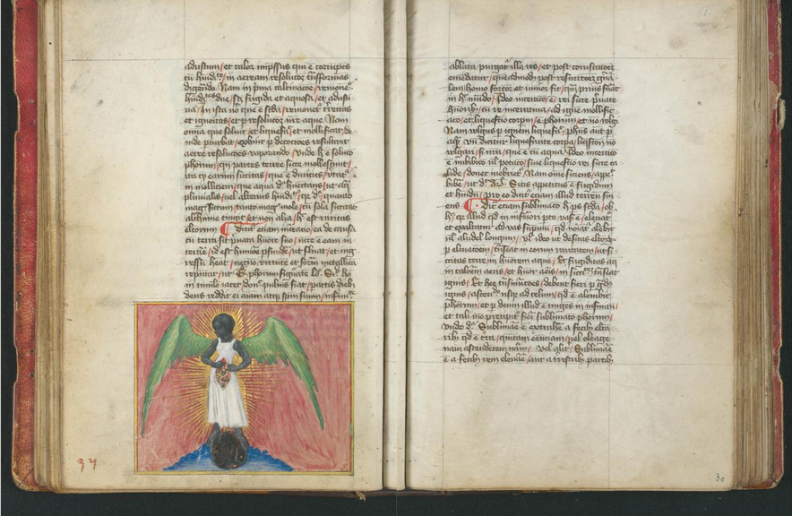 medievalpoc's tweet photo. Aurora Consurgens (att: St. Thomas Aquinas or “Pseudo-Aquinas”)
f. 34v: Black Female Angel
Germany (c. 1420s)
Parchment Codex with Watercolor Miniatures, 20.4 x 13.9 cm.
Zürich, Zentralbibliothek
Manuscript viewer: https://t.co/hHWLsif5GZ https://t.co/iUap95jbwg