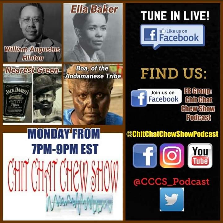 LotusProjects's tweet image. #PODCASTCREATORS
MONDAY (FEBRUARY 18, 2019) TUNE INTO OUR SHOW EST. WE ARE HONORING FOR BLACK HISTORY MONTH. WE WILL COVER HISTORY ABOUT BOA OF THE ANDAMANESE TRIBE, ELLA BAKER, WILLIAM AUGUSTUS HINTON, AND NEAREST GREEN. DONT MISS IT!
facebook.com/ChitChatChewSh…
