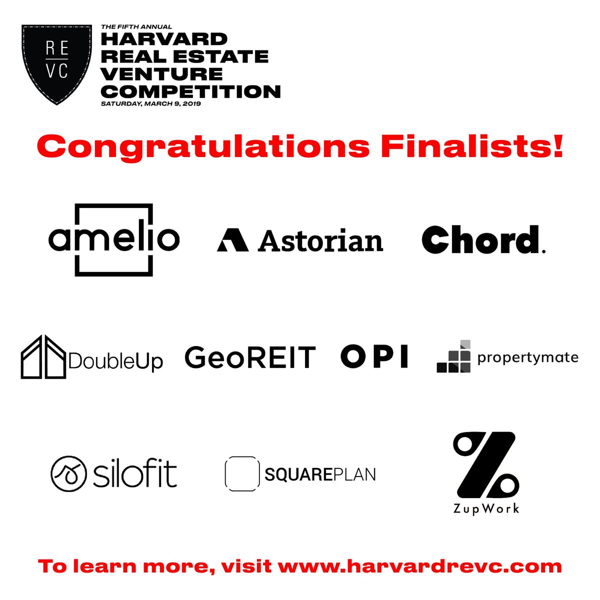 HarvardREVC's tweet photo. Congratulations to this year’s finalists! To watch them compete for the $33,000 cash prize on March 9, purchase tickets to Harvard Real Estate Weekend at https://t.co/raF7jRUJog (students with .edu email use discount code HREW19) #innovation #proptech #realestate #tech #startups https://t.co/gyEBVb1AHf