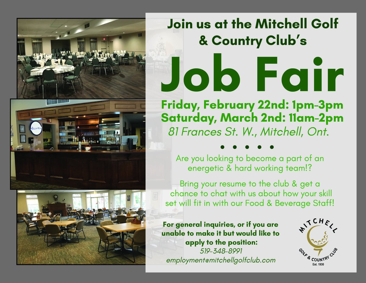 We are looking for energetic individuals to join the MGCC Family's Food &amp; Beverage Staff! 
If you are interested, join us at our JOB FAIR on either February 22nd from 1-3pm or March 2nd from 11am-2pm. 
Come &amp; learn about the different opportunities we offer at the Mitchell G&amp;CC!