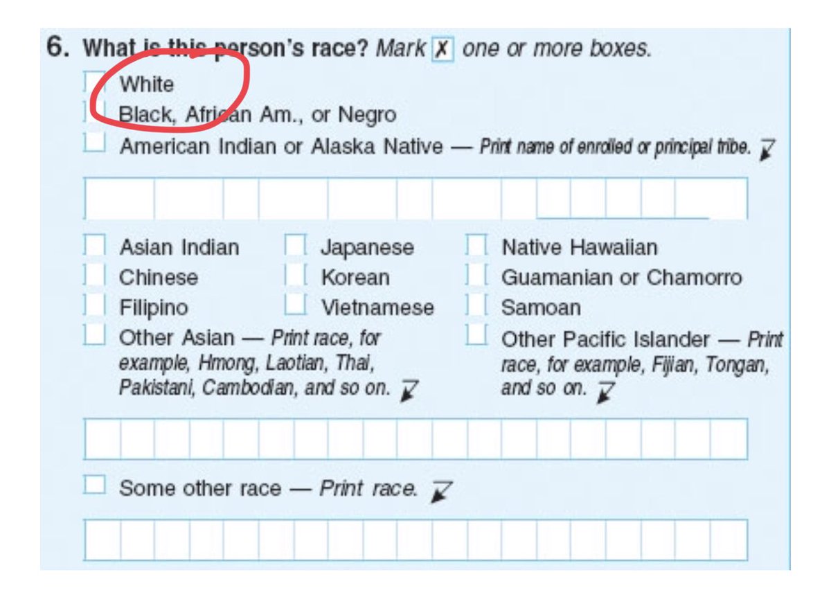 “White” is ONLY race on first census. In all the years of the Census since then, many other “races” have been added. Most are actually ethnicies or nationalities. The ONE that has NEVER changed is  #White. You’ll never see “Irish American”.  #LiberatingEvangelicalism 5/
