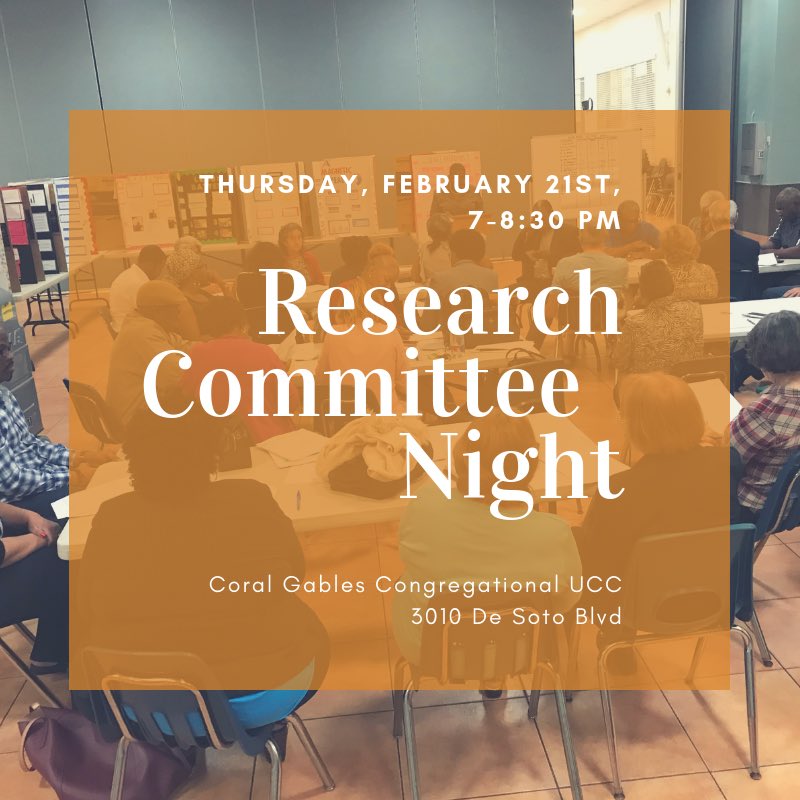PACTMiami's tweet photo. Research committee night is our time to strategize around our three issues: affordable housing, gun violence, and immigration! Join our three committees this Thursday, 2/21, 7-8:30 PM at Coral Gables Congregational for Research Committee Night! https://t.co/TXhJXQdBQo