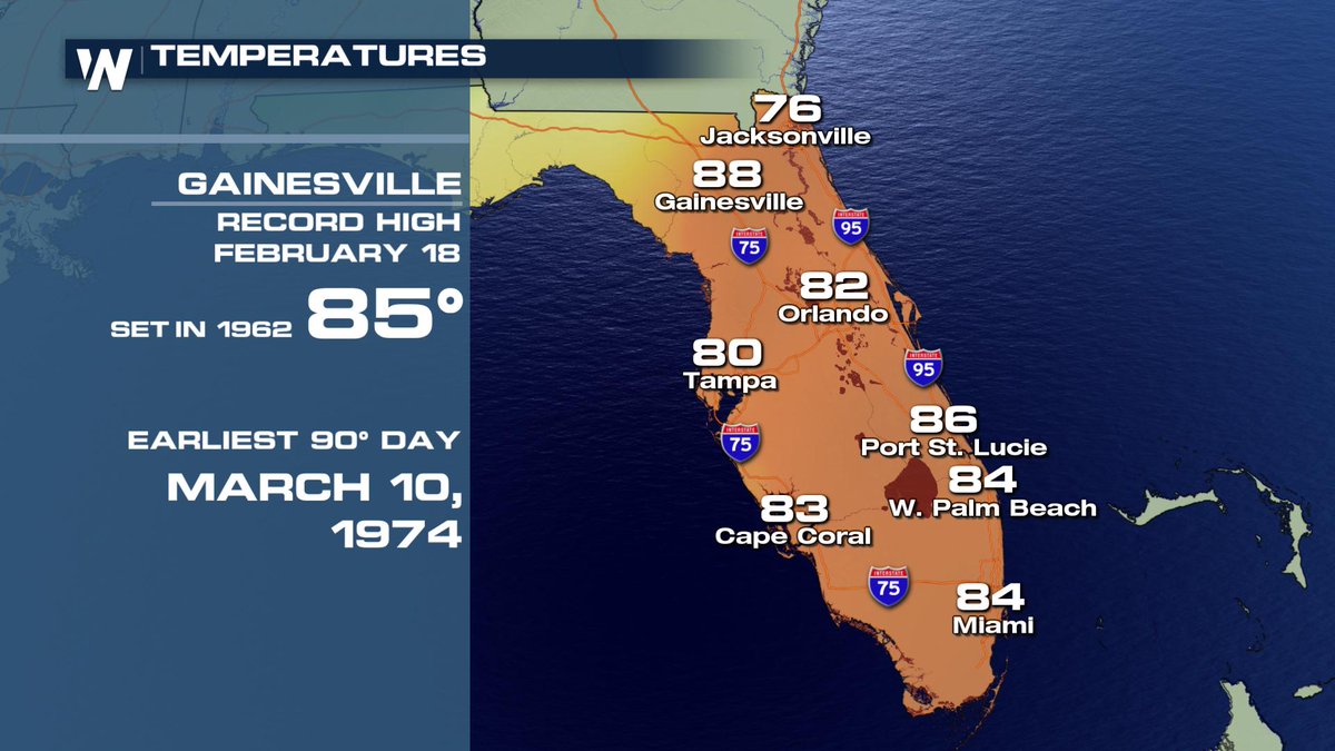 WeatherNation's tweet photo. New record! Gainesville has already exceeded the record high temperature for today. Do you think we can hit 90°? If we do, it will be the earliest 90° day on record. #recordhightemperature #hot #flwx https://t.co/aU3yECNrJo